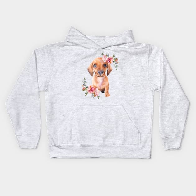 Cute Dachshund Puppy Dog Watercolor Art Kids Hoodie by AdrianaHolmesArt